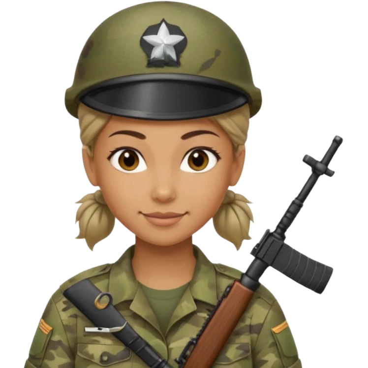 Apple emoji look — female soldier, no cap/helmet, bust, neutral smile, generic camo shirt, hair tied back, soft gradients, no weapon emoji