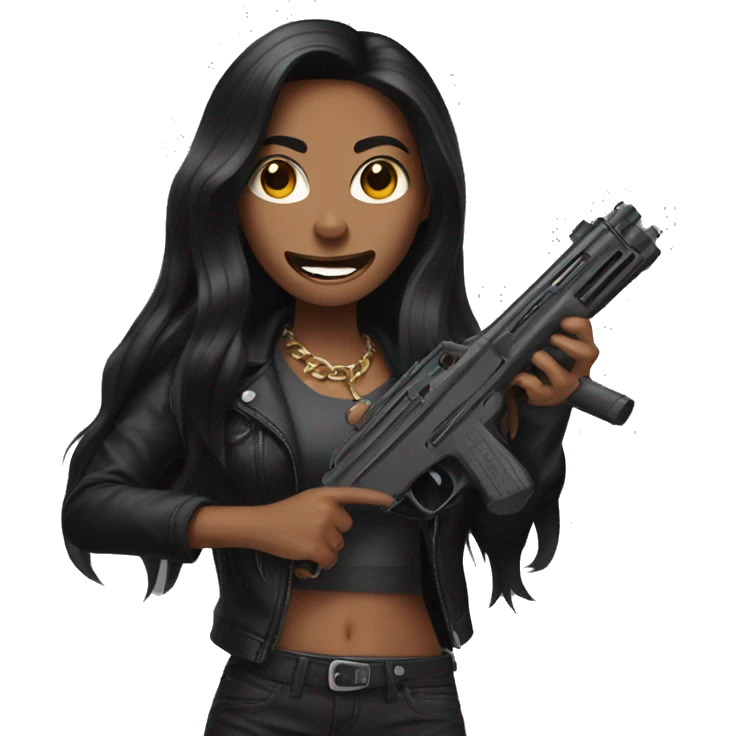 woman with long black hair and grillz holding 2 guns emoji