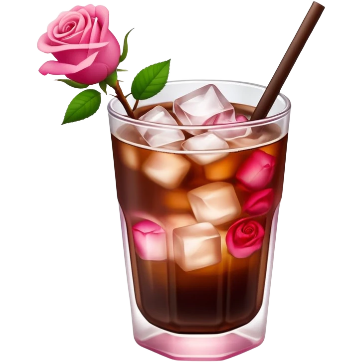 Cold brew coffee with mini roses pink red and small size mini glas cup with ice cubs emoji