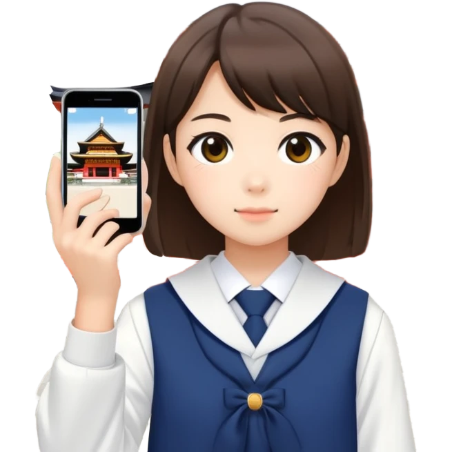 Japanese high school girl taking photos at Kyoto temple during school trip emoji
