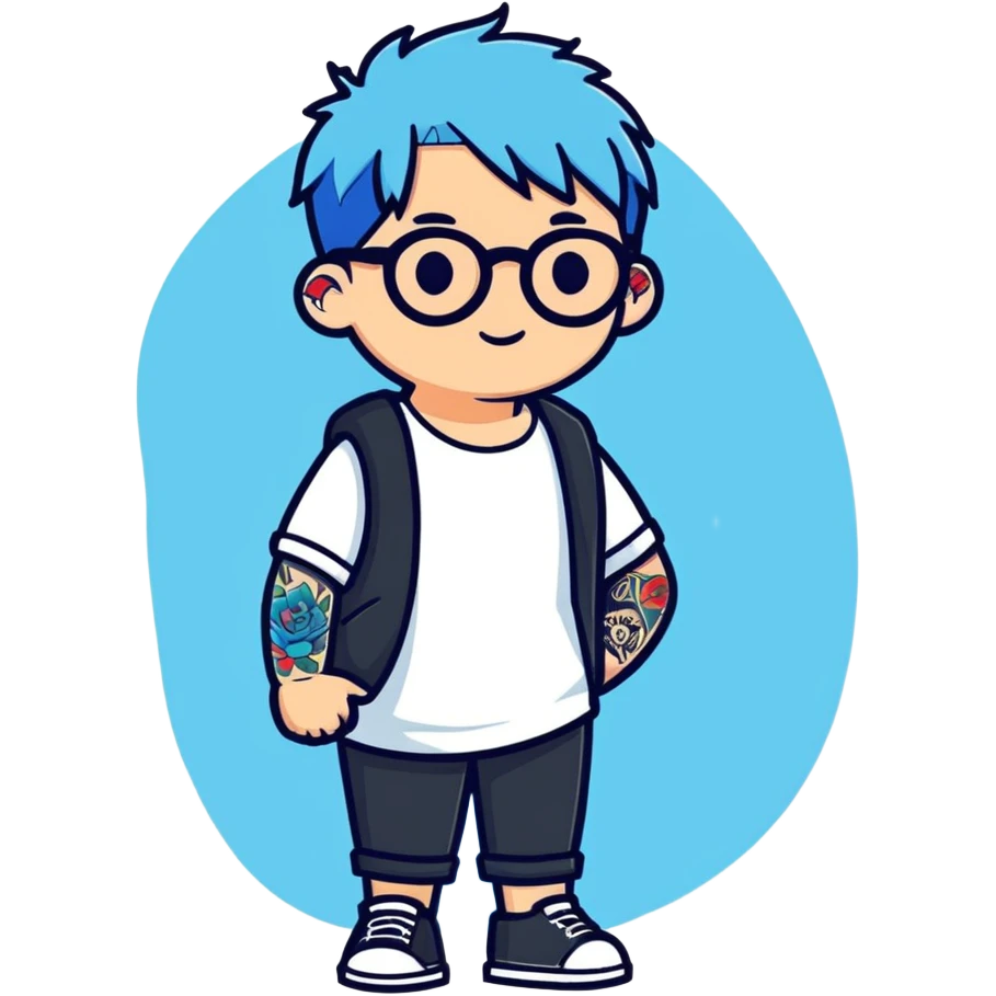 person with blue hair, glasses, and a visible tattoo, cartoon sticker style emoji