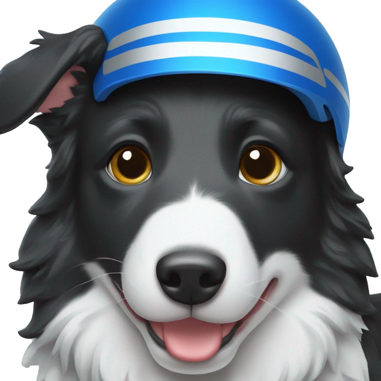 Border collie wearing a bright blue football helmet with silver stripe emoji