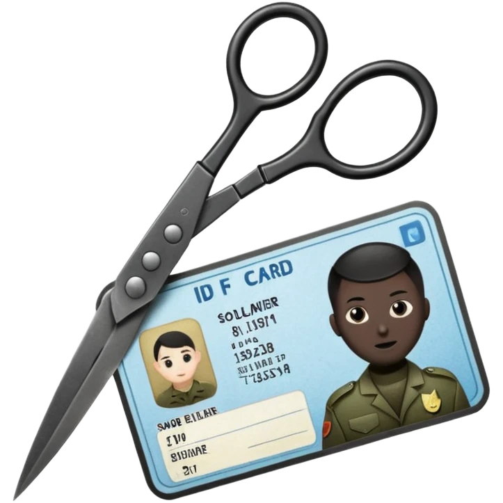 Floating black Scissors cutting an idf soldier ID card in 2 parts .hyper realistic emoji