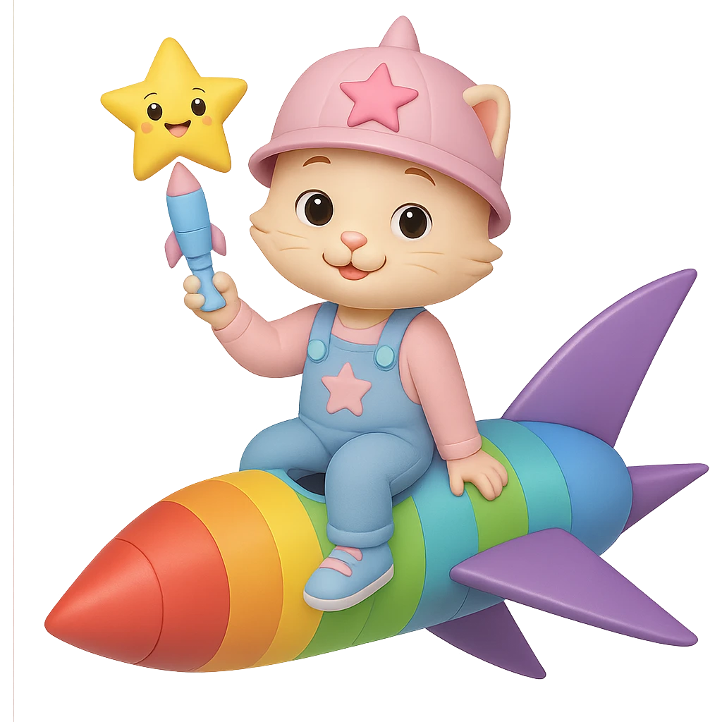 Change the rocket to a rainbow-colored rocket. Keep the sweet kitten wearing pastel blue overalls, pastel blue sneakers, and a pastel pink star hat. The kitten is sitting and smiling. Remove the background. emoji