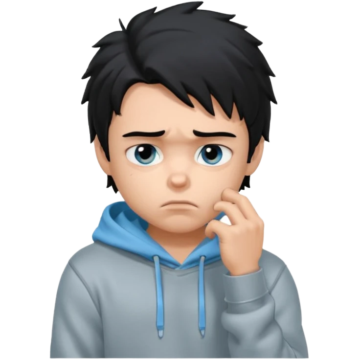 generate a pretty bratz fair skinned boy with messy black hair in a grey hoodie looking sad and bored with hand on chin. Make him muscled emoji