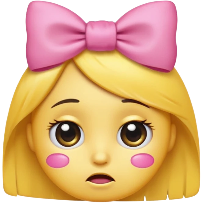 A round yellow emoji with a pleading face, big shiny eyes filled with tears, eyebrows raised toward the center, and a small sad mouth. On the upper right side of the head, a cute pink bow 🎀 is attached like a hair accessory. emoji
