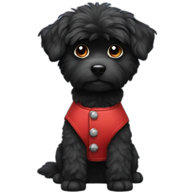 small completely black fluffy dog wearing red vest emoji