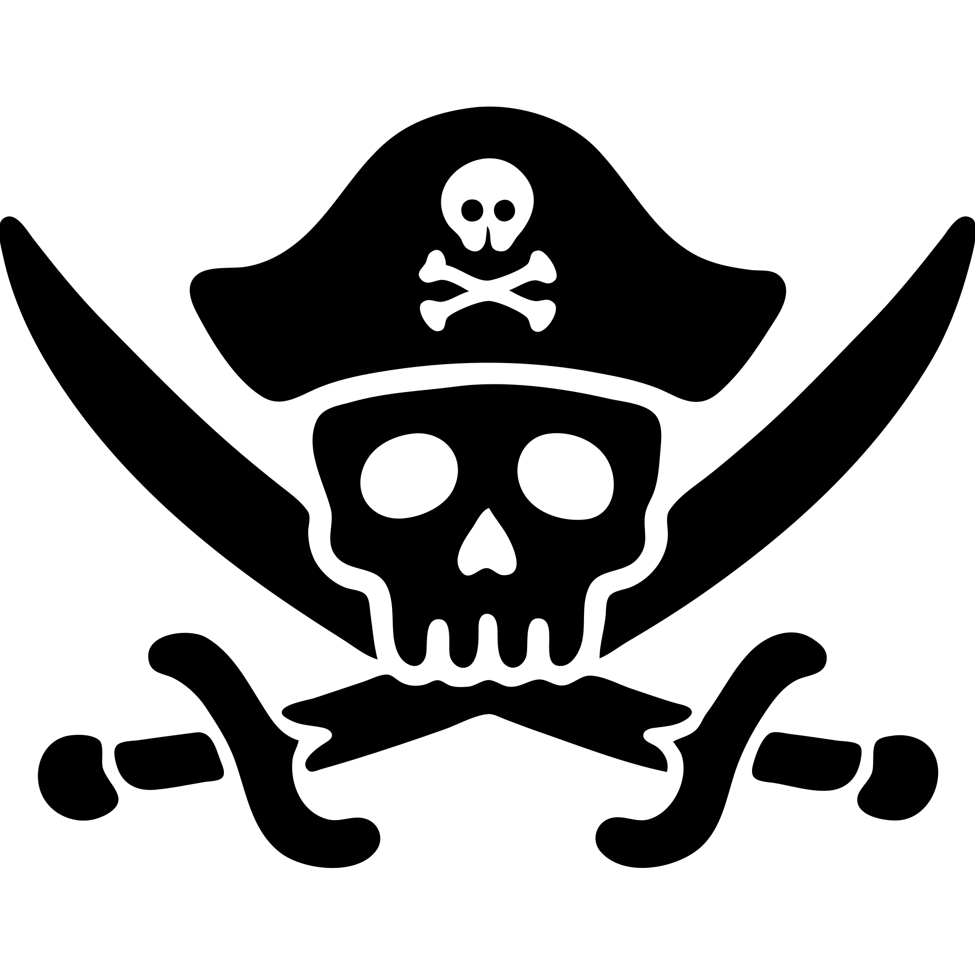 icon-style emblem with centered green skull with empty sockets, classic pirate hat with small skull-and-crossbones, two curved cutlasses crossed behind the skull, clean black and green lines, white background, swords do not obscure the skull emoji