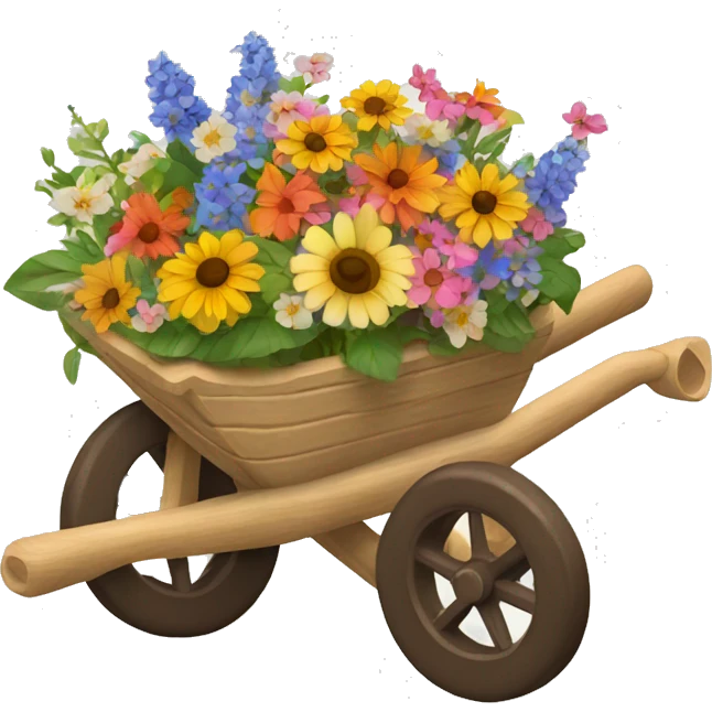 wooden wheelbarrow filled with flowers. emoji