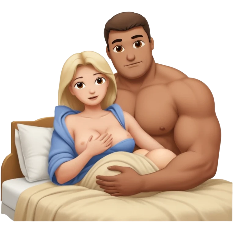 nude woman with huge breasts being hugged by nude muscular big man in bed emoji