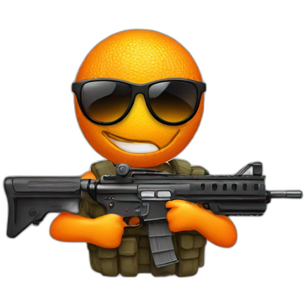 an orange with sunglasses and a machine gun emoji