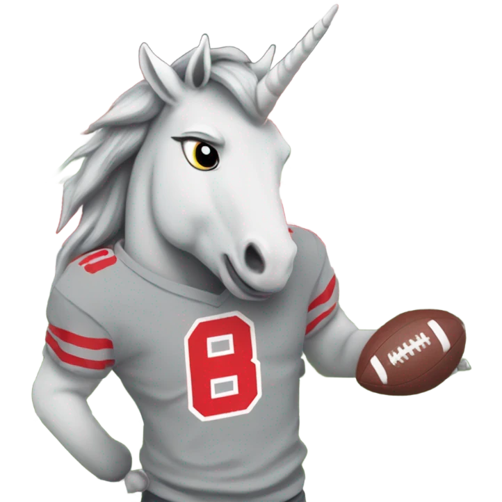 Grey happy Unicorn wearing buckeye shirt on a football field, wearing OSU state university shirt emoji