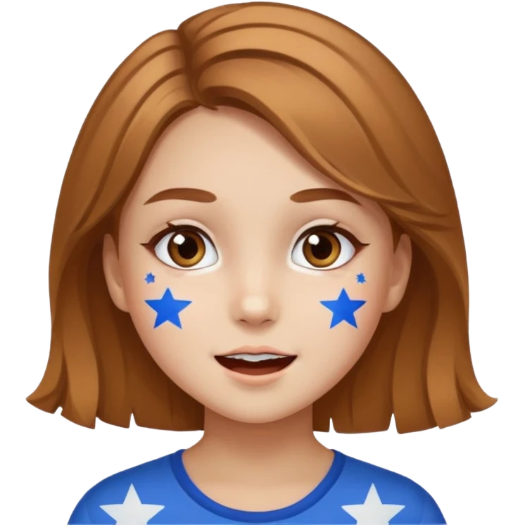 A girl with star-shaped cheek paint, cheering with bright eyes. emoji