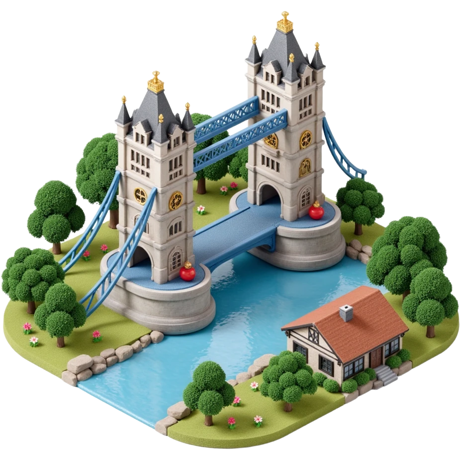 Isometric illustration of London, featuring photorealistic Tower Bridge over a section of river, highly detailed in semi-realistic style with sharp outlines, subtle brick and metal textures, soft shadows, balanced between stylized and realistic, 3D miniature effect, transparent background. emoji