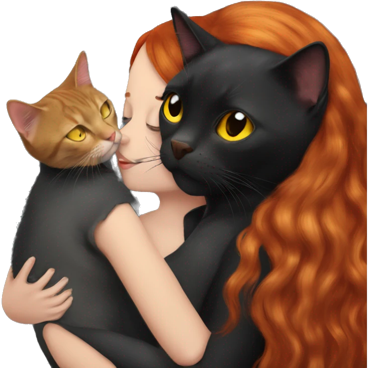 A black British cat with yellow eyes kisses a girl with red hair emoji