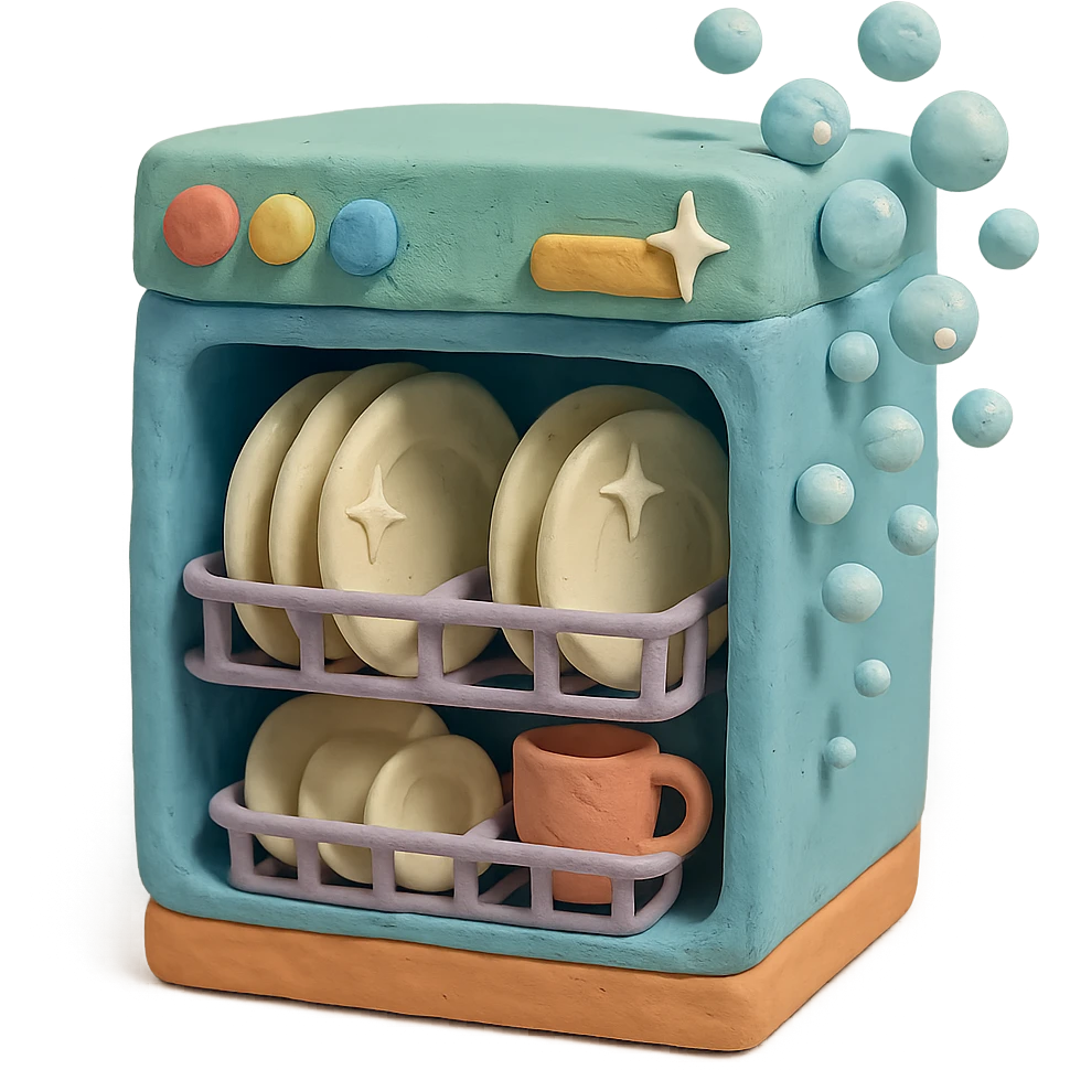 claymation style dishwasher with bubbles and sparkling plates, playful arrangement, pastel palette emoji