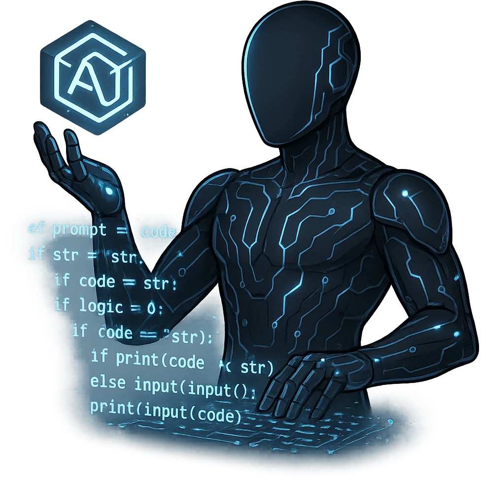 faceless figure in a sleek AI suit with glowing circuits, holding a floating cube logo in one hand and typing in mid-air with the other, building prompts from code and logic, futuristic digital style emoji