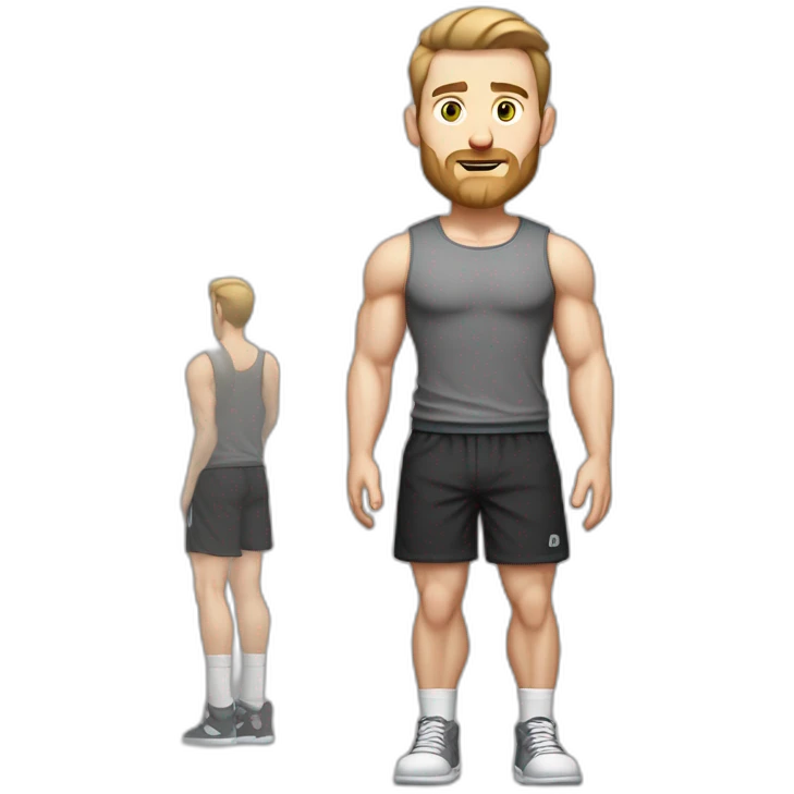 Full height Pale skinned fit man With biceps, Realistic eyes, light brown hair and very short beard In dark gray sleeveless mike, black oversize sports shorts, watch and white sneakers. emoji