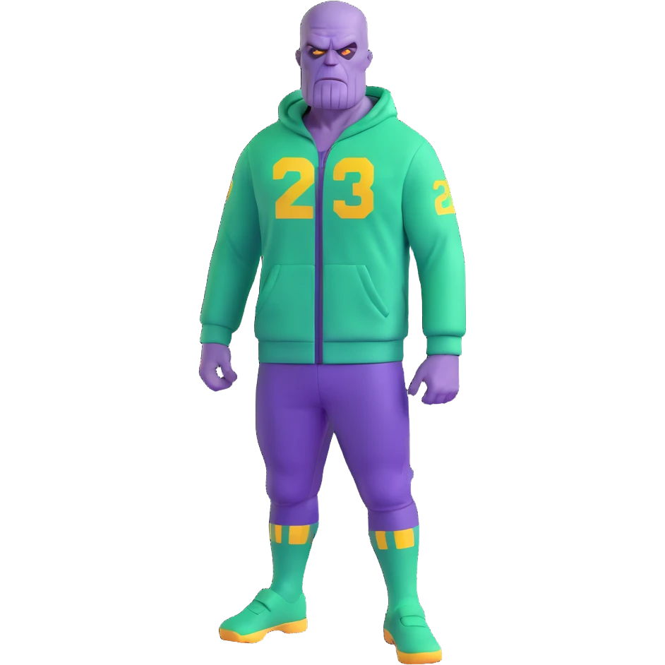 purple-skinned Thanos wearing a green Squid Game player tracksuit with number 230 emoji