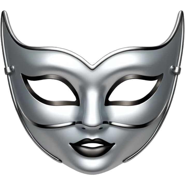 A sleek masquerade mask emoji made of polished silver chrome, smooth sensual curves, reflective metallic surface, mysterious sexy luxury vibe, minimal iOS emoji style, centered, clean white background emoji