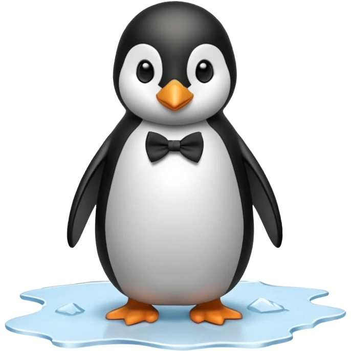 penguin, black bow tie, standing on small ice melting emoji
