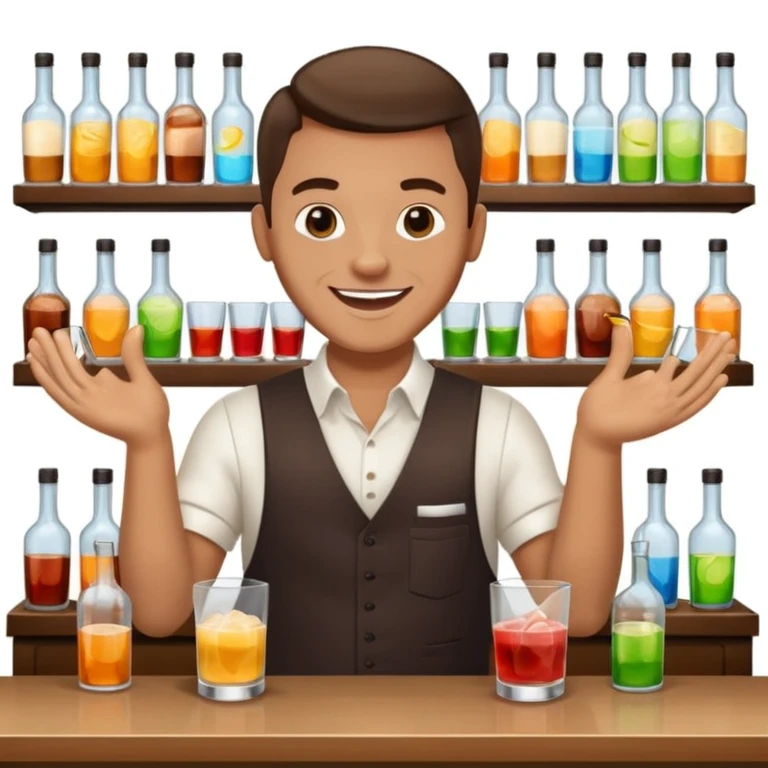 bartender mixing drinks, club backgroudn with bottles emoji