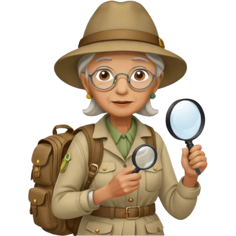 Explorer old woman with hat and magnifying glass and backpack, portrait emoji