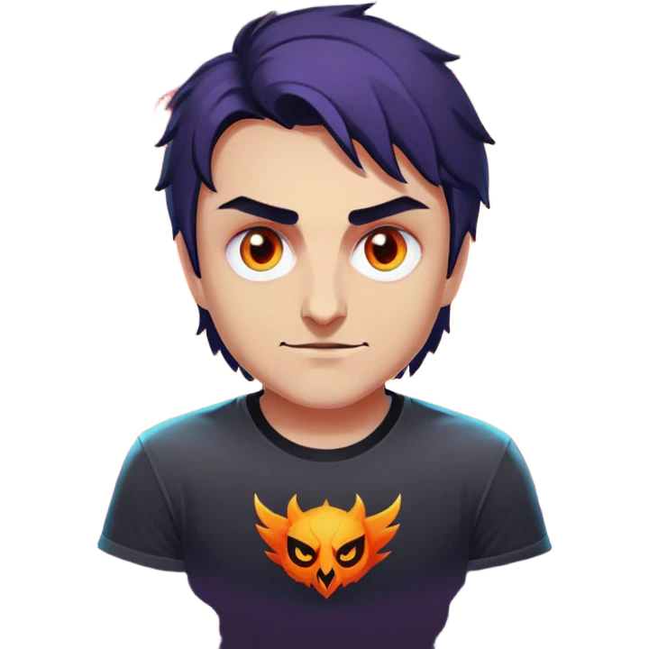 Создай стилизованное эмодзи в плоском векторном стиле, изображающее фаната Dota 2 и Path of Exile. Персонаж должен быть в игровом настроении: можно совместить элементы из обеих игр (например, логотип Dota 2 на футболке и тёмно-фэнтезийную атрибутику PoE). Лицо выражает азарт и концентрацию (можно добавить пиксельные глаза или лёгкий эффект 'tryhard'). Допустимы отсылки к мемам (например, '322', 'Рэки-фэил' для Dota или 'Тысяча врат' для PoE). Фон прозрачный, цвета — яркие, но без сложных градиентов. Эмодзи должно оставаться читаемым даже в маленьком размере (48x48px) emoji