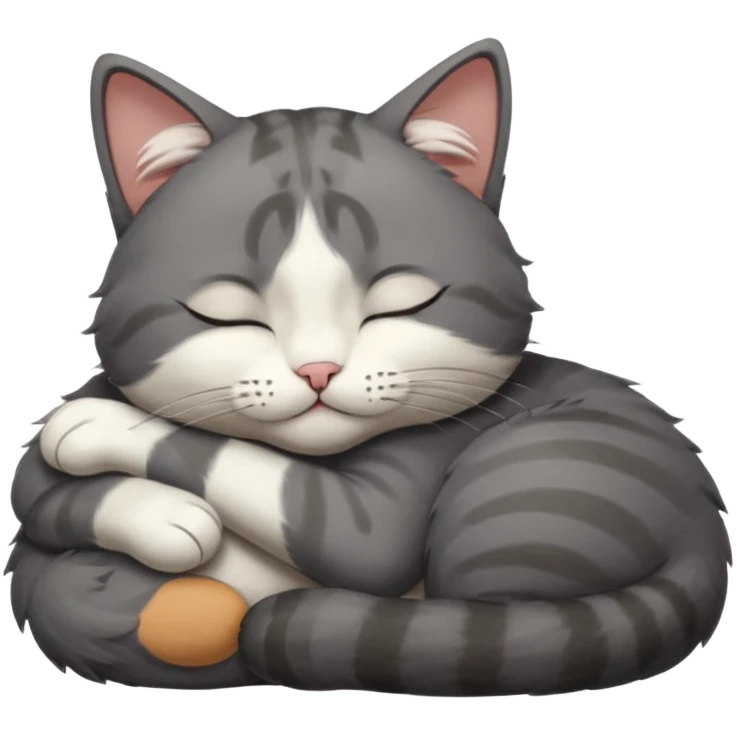 dark grey and white small cat with closed eyes, leaning his head on his paw while leaning on his elbow lying down emoji