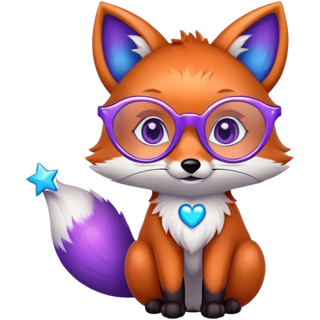 A whimsical fox with sparkling purple-blue fur, a glowing tail, a silver star on its forehead, and round glasses, with heart-shaped eyes, looking in love. 🦊😍 emoji
