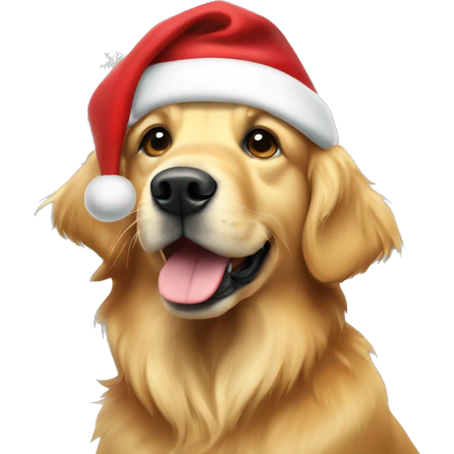 Golden retriever dog wearing Christmas hat emoji