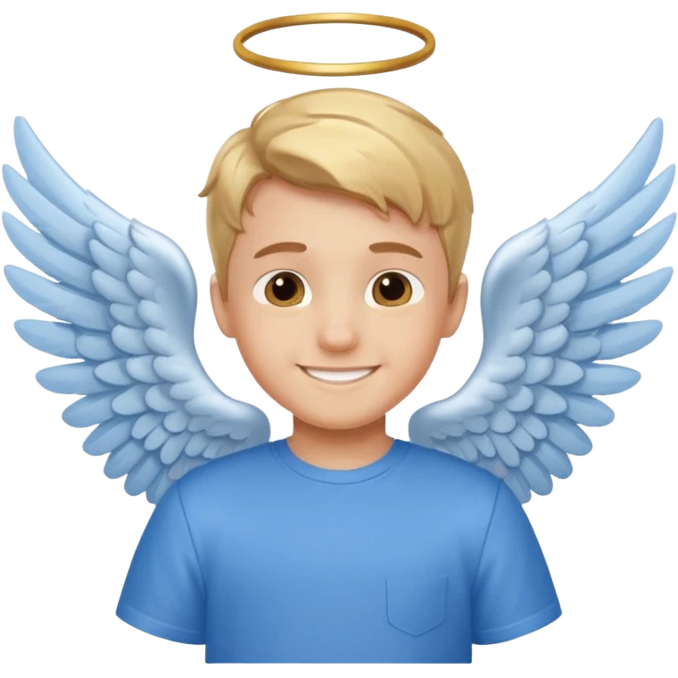 smiling boy in blue shirt with angel wings emoji