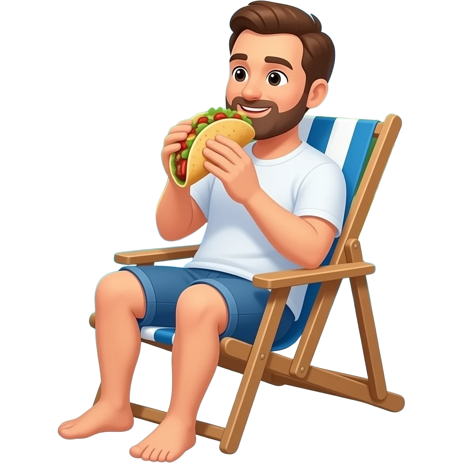 A dad eating a taco in a chair by the pool with a forest font emoji