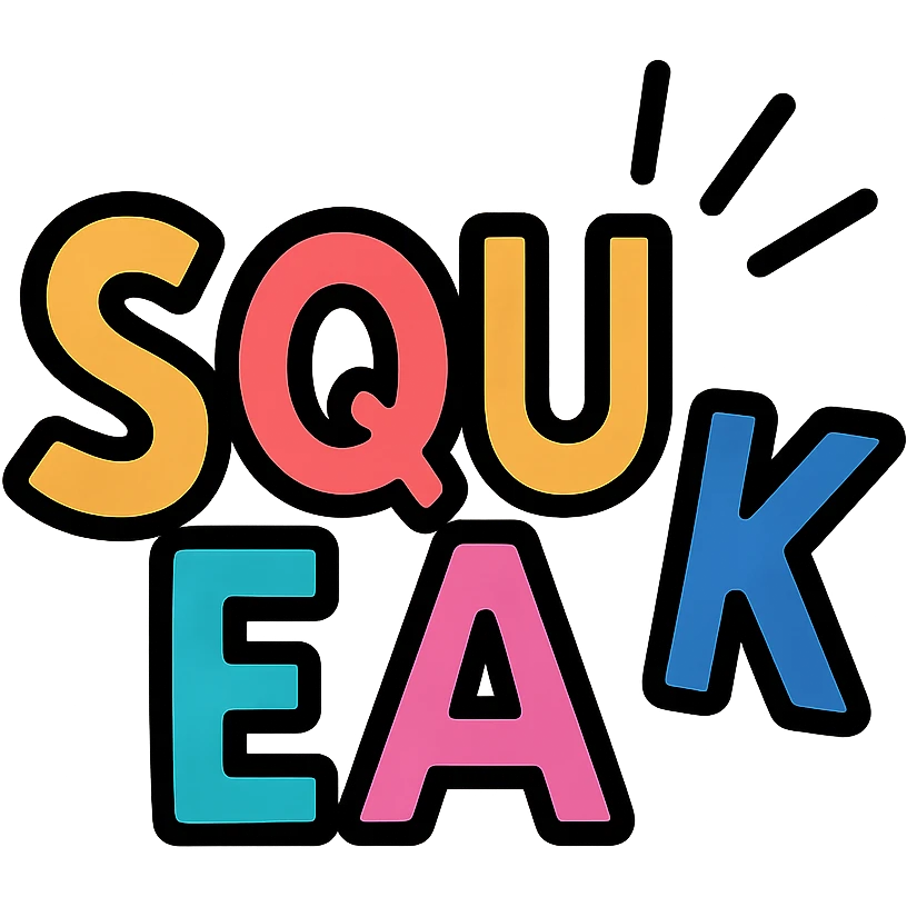 'Squeak' word in a colorful lineal icon style with black outlines, vibrant colors, and playful design emoji