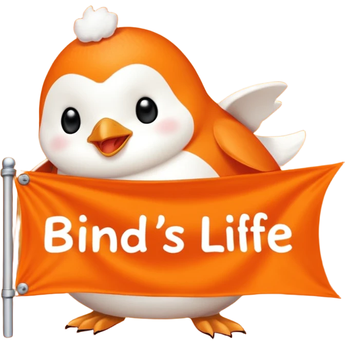 Colorful banner that says 'Bind is Life!!!', in bright orange, and on top of the banner a winking little white happy penguin. Make sure that the banner says exactly the text above emoji