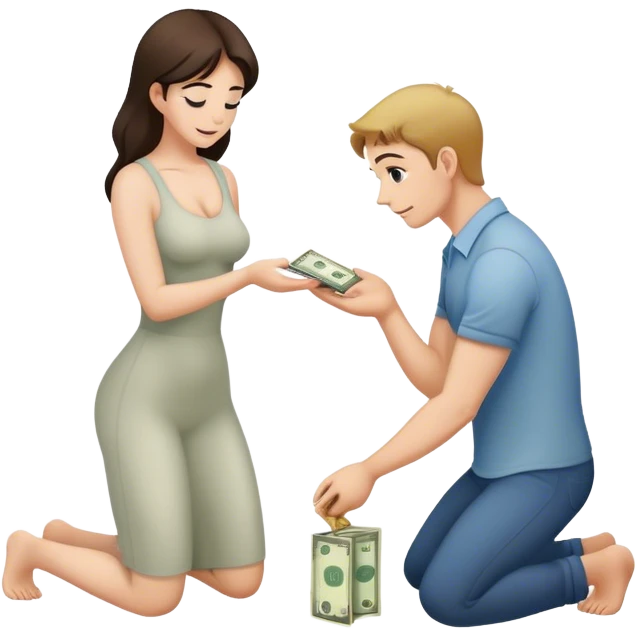 Man on knees woman standing handing her money emoji
