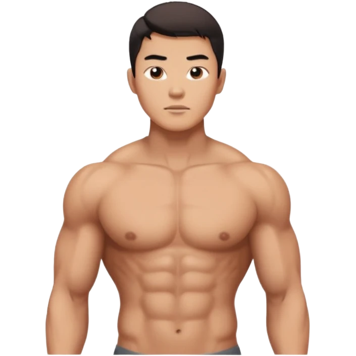 A standing buff shirtless asian guy with a really square jawline. Make his jawline extremely square and exaggerated. Also give him a middle part haircut emoji