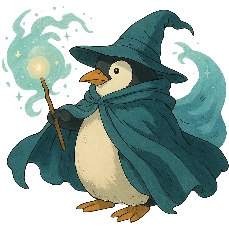 penguin wizard with a flowing cloak and magical aura emoji