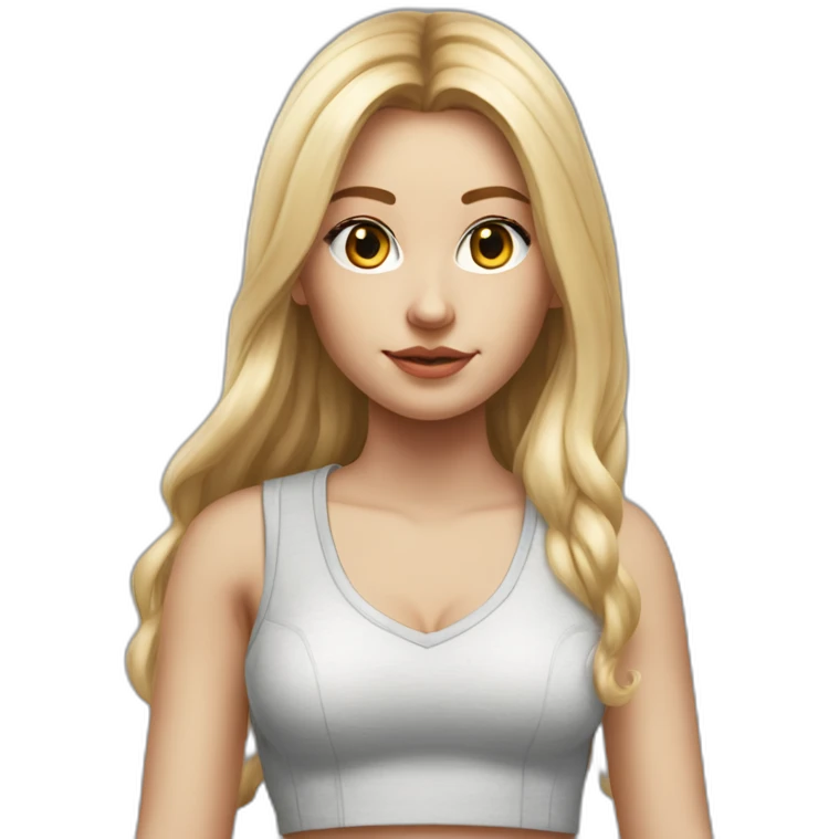hyperrealist caucasian girl, long straight blonde hair, white v-neck laced crop top, grey tight micro skirt emoji