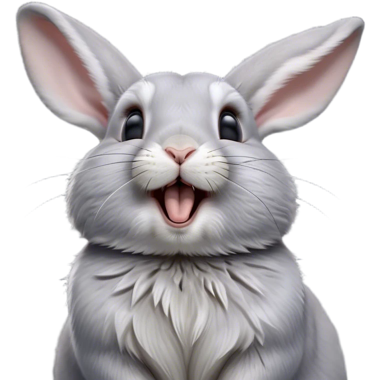 Cinematic Cute Yawning Grey Rabbit Portrait Emoji, Head tilted slightly with a dramatic, wide-open yawn, showcasing a smooth grey fur with a refined finish, floppy ears slightly drooping, round grey eyes barely open in drowsy contentment, Simplified yet irresistibly adorable features, highly detailed, glowing with a soft, cozy glow, high shine, relaxed yet expressive, stylized with a touch of whimsy, bright and endearing, soft glowing outline, capturing the essence of a sleepy yet affectionate bunny, so drowsy it feels like it could stretch out of the screen and curl up for a nap! emoji