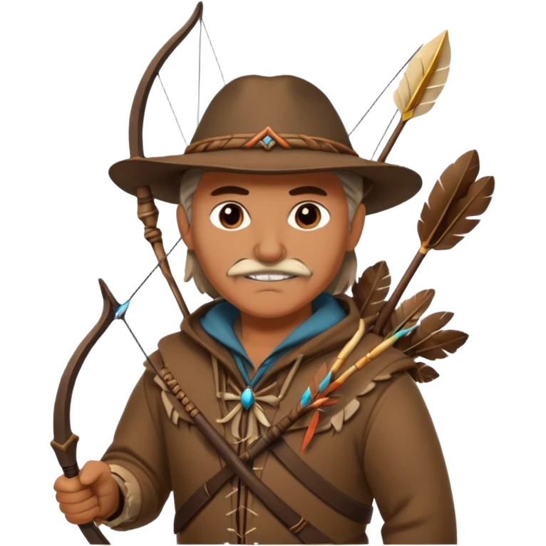 A classic middle-aged hunter with a bow and arrow on his back, dressed in brown clothes and decorated with feathers or bone teeth emoji