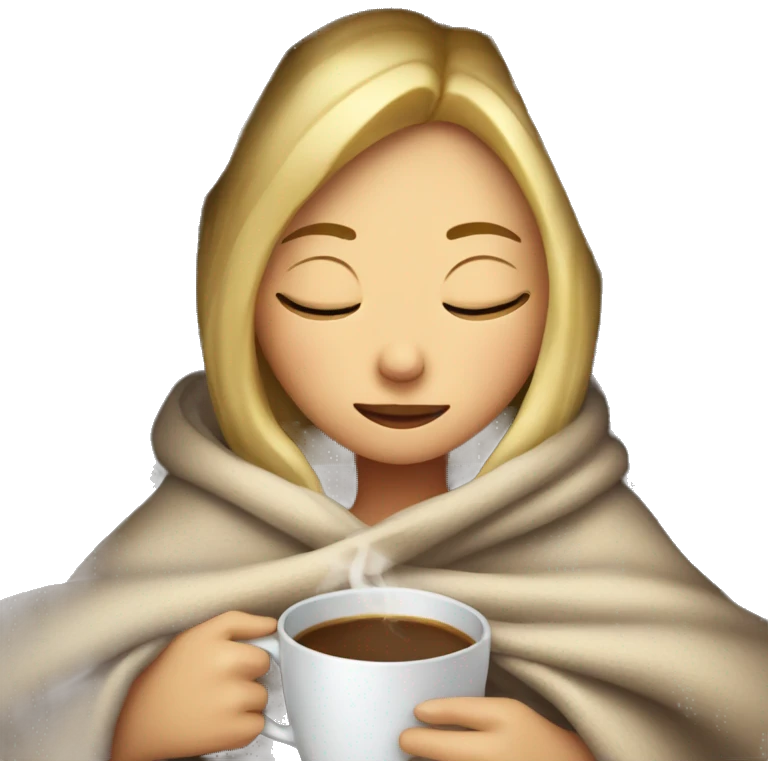 blond girl inside a blanket sipping coffee eyes closed emoji