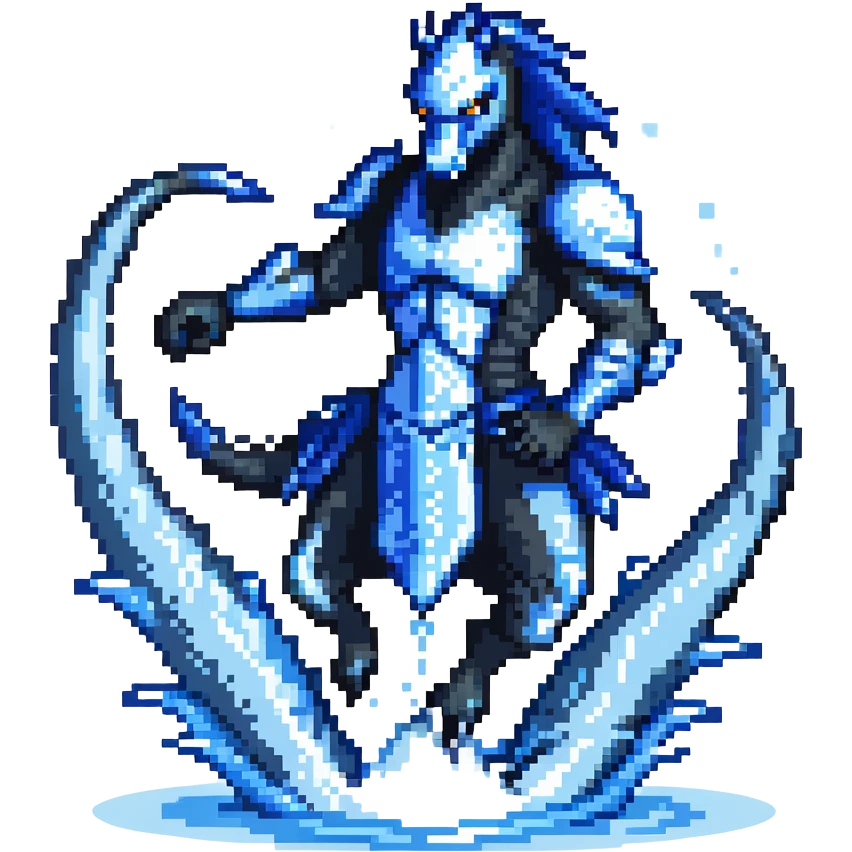 Black ninja water horse with dark blue magical water swirling around it, sharp spikes on its body, battle stance emoji
