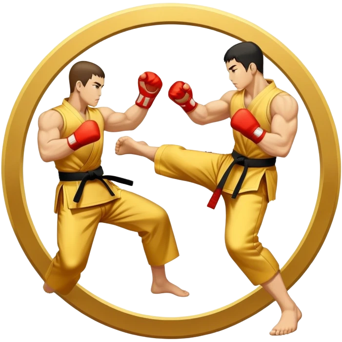 Round emblem symbolizing striking martial arts. The emblem features two fighters in dynamic stances, one delivering a powerful punch while the other defends with a block. In the center, a stylized fist and foot crossed to represent the essence of striking.  emoji