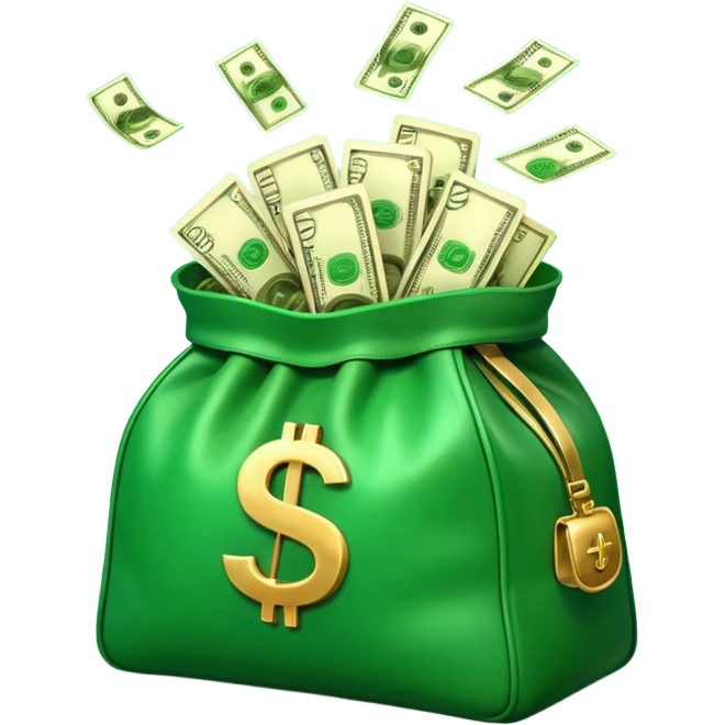 

3D emoji style, big bag of money, flying dollar bills, rich casino vibe, smooth lighting, high detail, clean edges, transparent background



 emoji