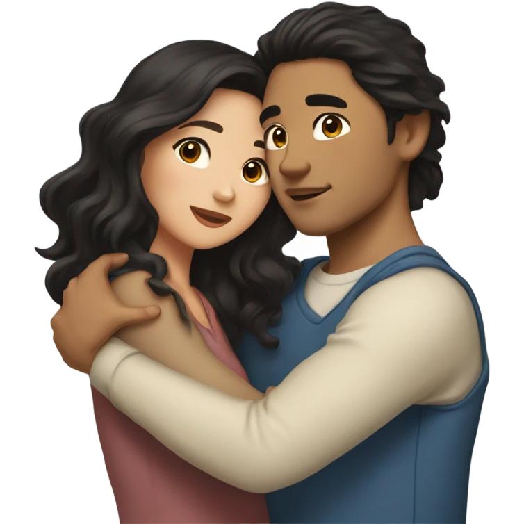 They are holding each other very tightly. A pale Asian man with short dark hair and amber eyes embracing and loving a half Asian woman with long wavy dark hair and dark hazel eyes. They love each other a lot And have good fashion taste. emoji
