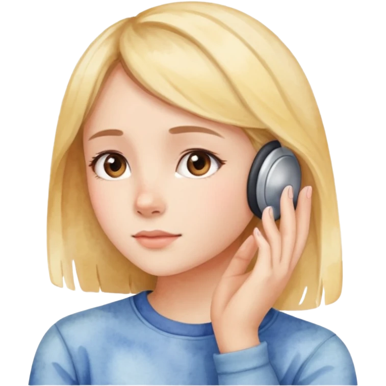 girl listening to viewer, side view, hand to ear, soft watercolor style emoji