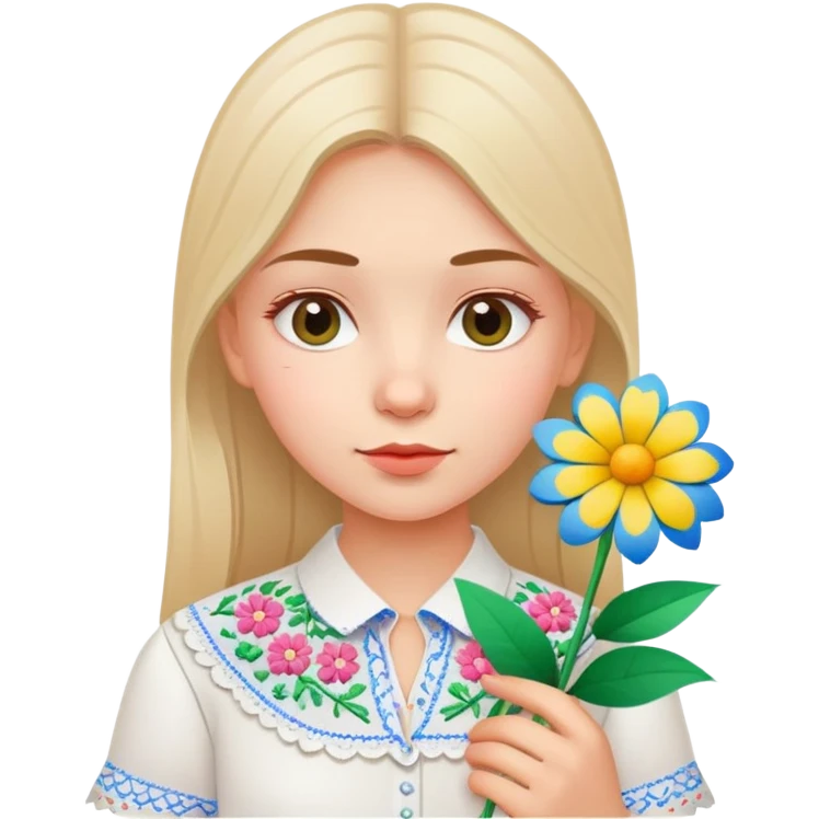 Ukrainian young girl in white embroidered shirt holding colored paper and a flower emoji