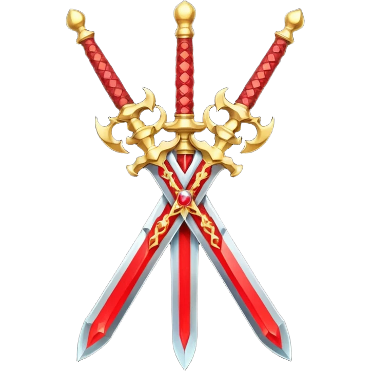 Two crossed swords that are golden in blade and handle and have fiery and royal appearence to them as well as red gem stones emoji