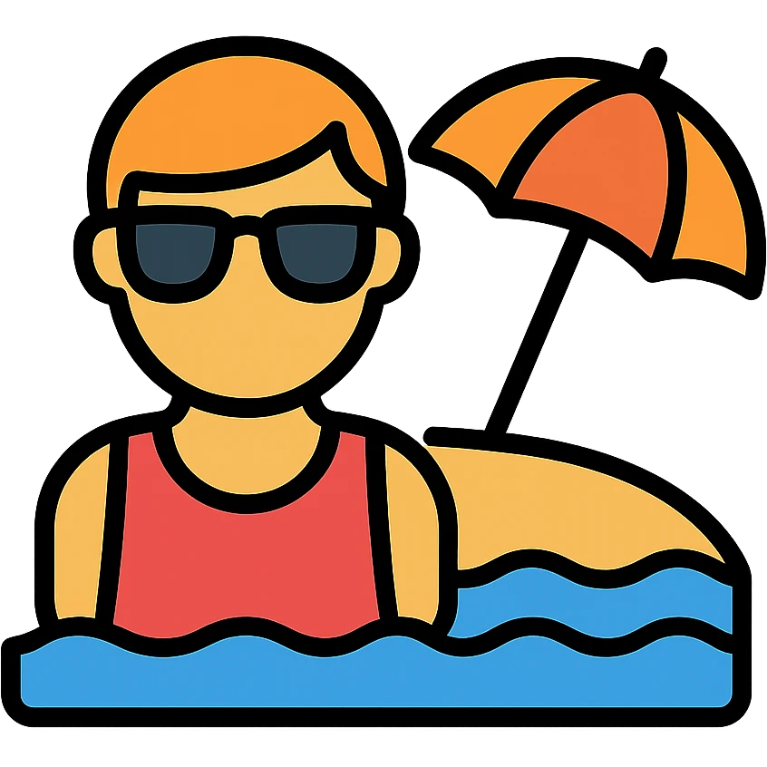 persona en una playa con gafas de sol, icono colorido con contornos negros, estilo moderno emoji